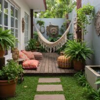 Início 11 Jardim lateral de estilo Boho, com rede e futtons