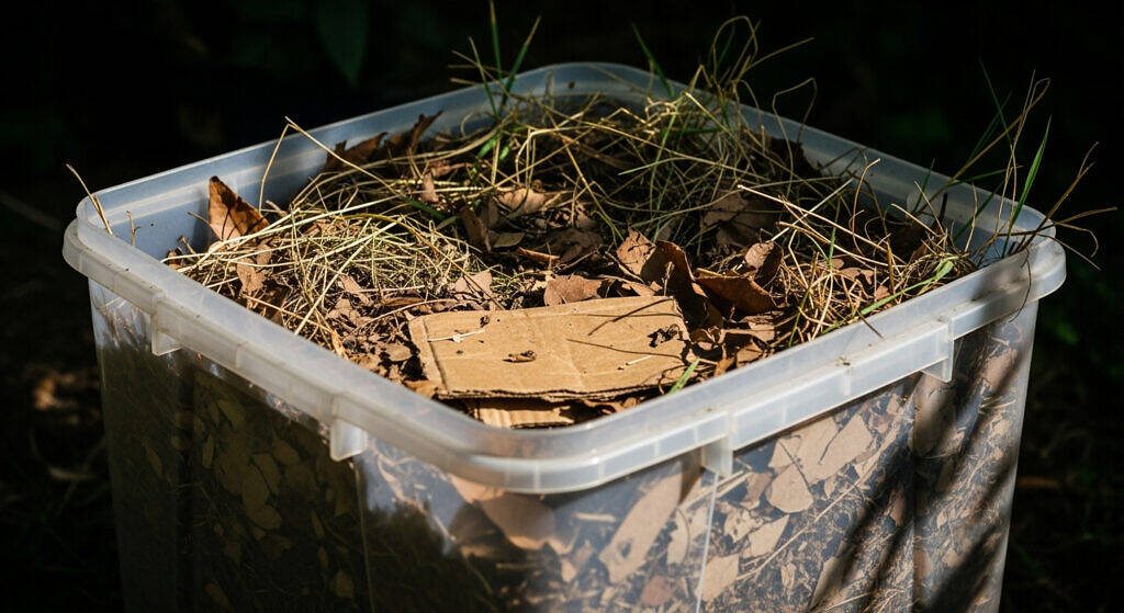 Caixa de gongocompostagem com material seco