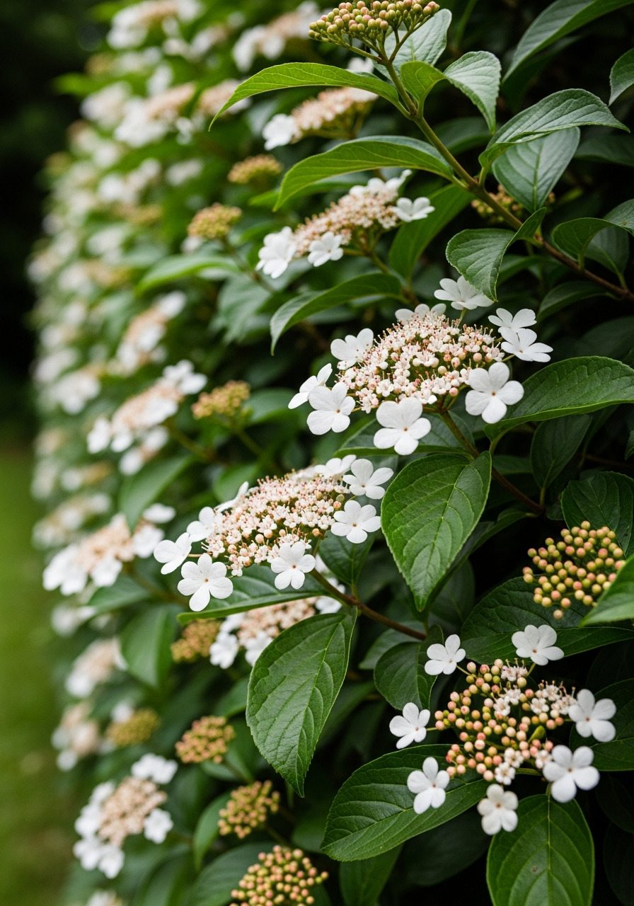 12 Arbustos para cerca viva na sombra 8 Detalhe de Viburnum tinus em cerca viva na sombra clara