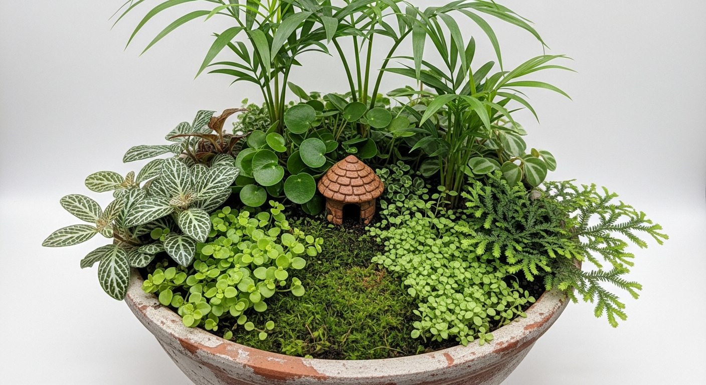 Jardim de fadas em vaso aberto com plantas tropicais miniaturizadas