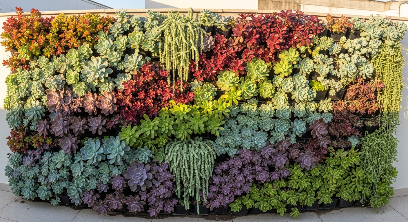 jardim vertical externo com suculentas em vasos modulares