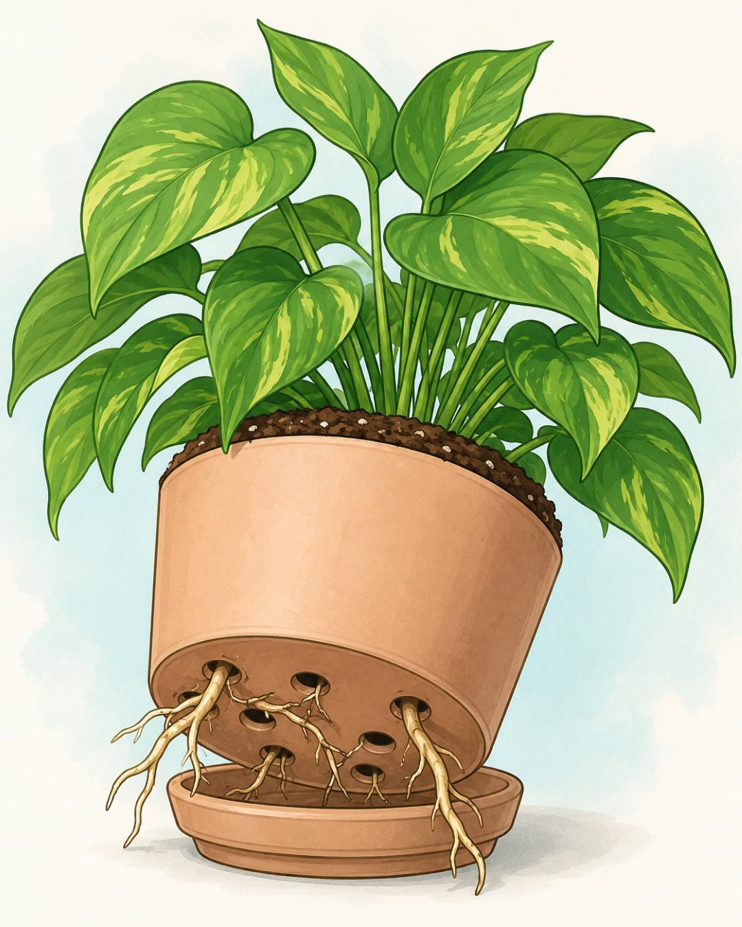 Raíces saliendo por el orificio de drenaje: tu planta puede estar buscando más espacio.