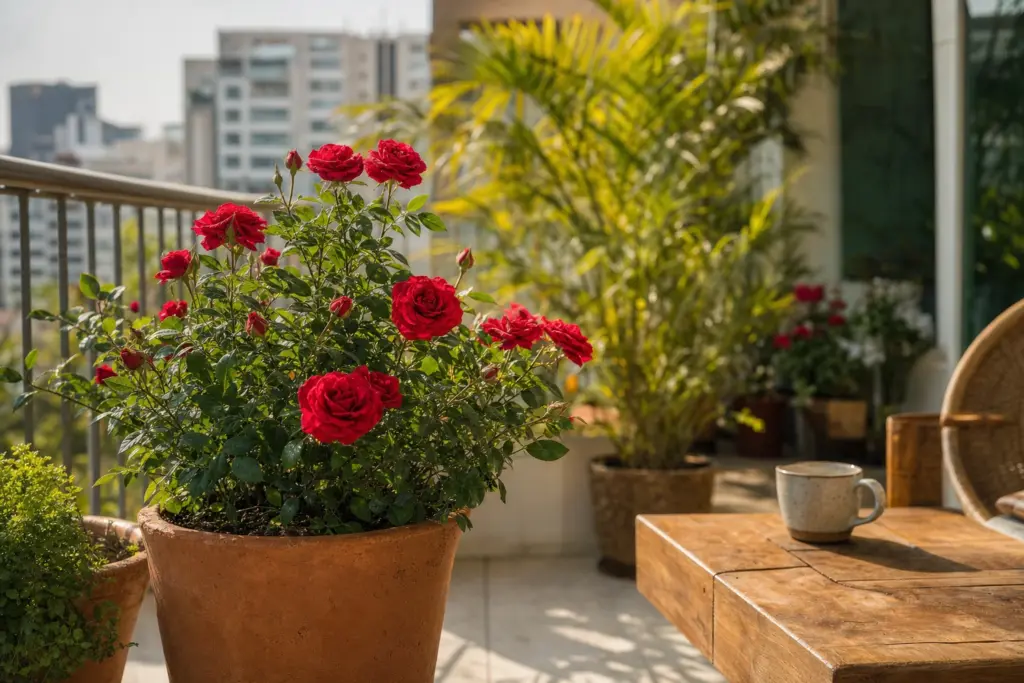 Vaso de barro com roseiras vermelhas em varanda ensolarada.