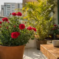 Vaso de barro com roseiras vermelhas em varanda ensolarada.