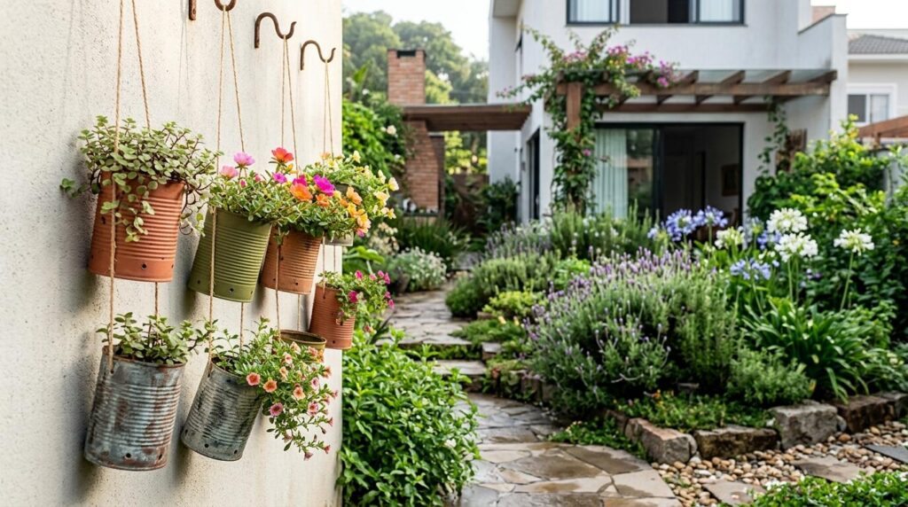 Artesanato do Jardim: Latas patinadas transformam o corredor com plantas pendentes.
