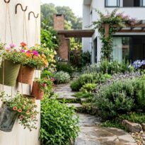 Artesanato do Jardim: Latas patinadas transformam o corredor com plantas pendentes.