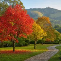 Jardim de serra no outono com árvores de folhas vermelhas, laranjas e amarelas sobre gramado verde com caminho.