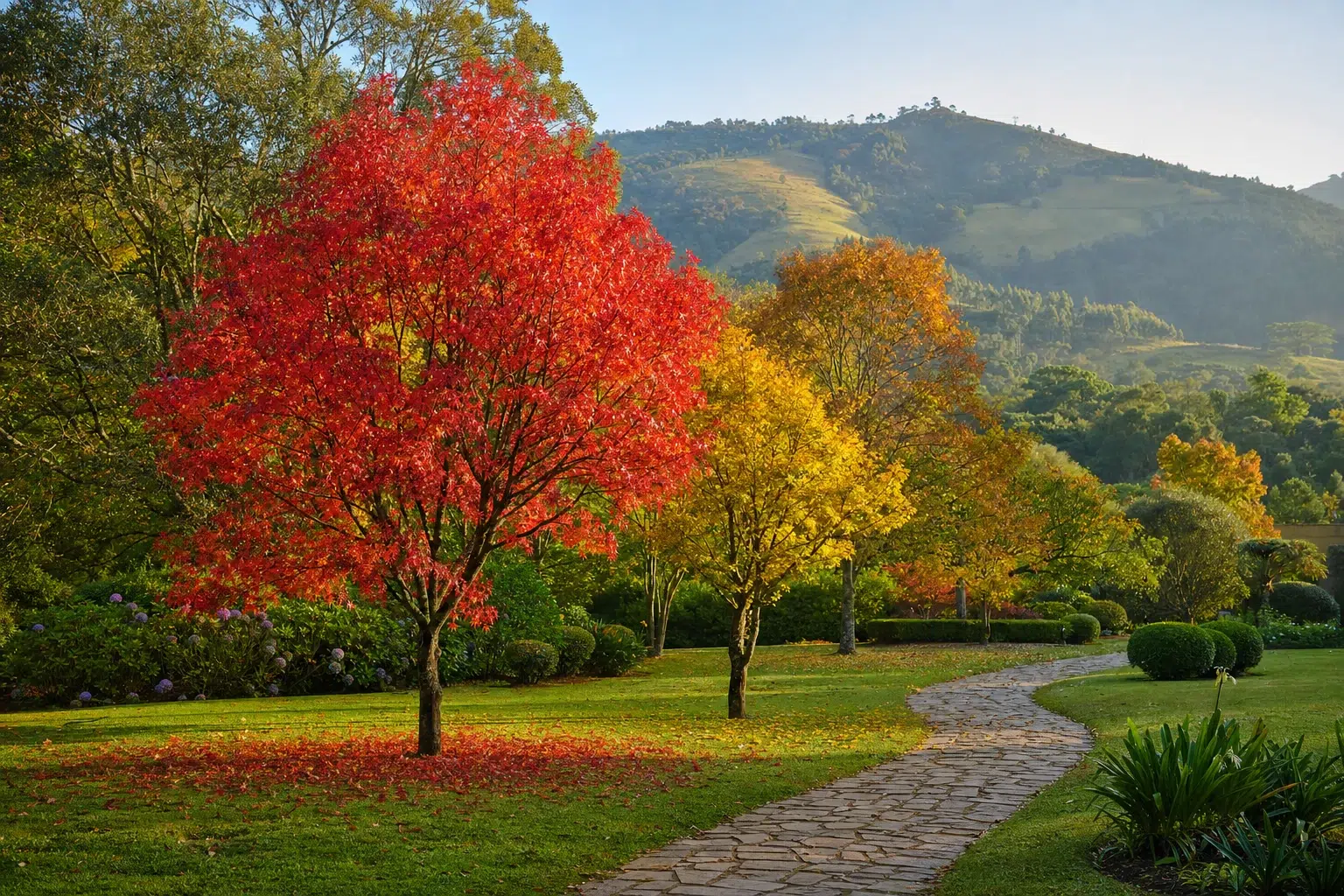 Jardim de serra no outono com árvores de folhas vermelhas, laranjas e amarelas sobre gramado verde com caminho.