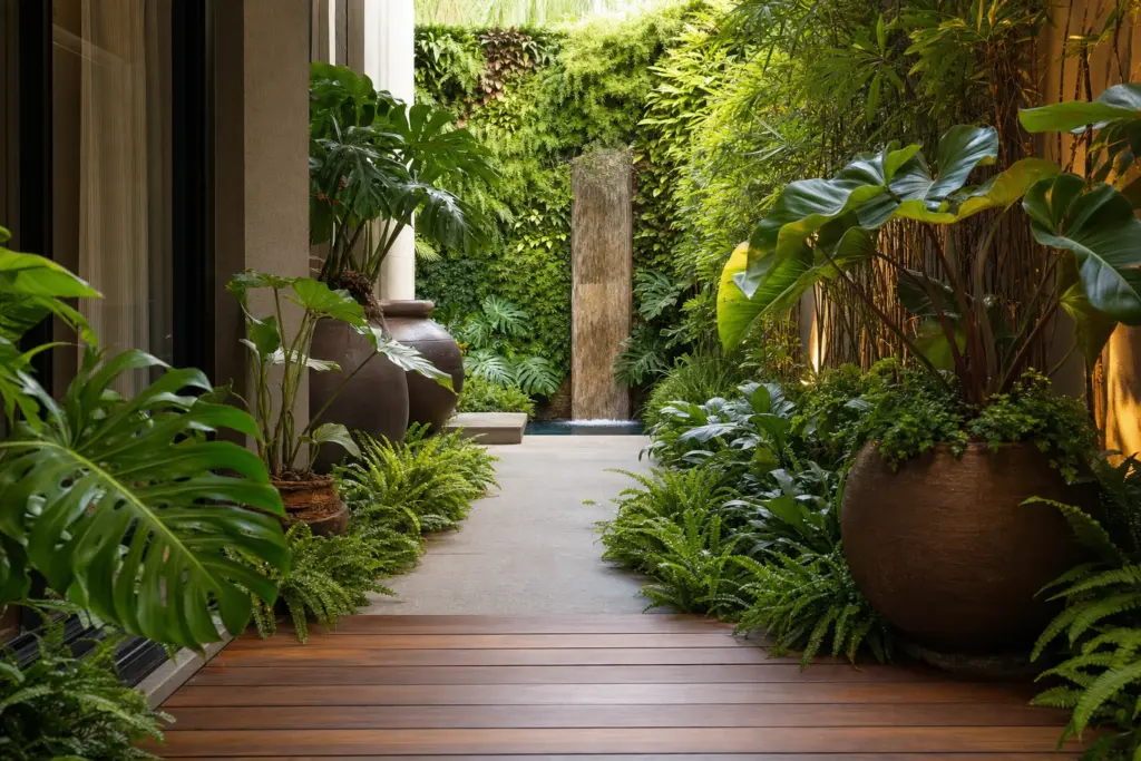 Jardim pequeno em quintal contemporâneo com deque de madeira, vasos de plantas tropicais e jardim vertical ao fundo.