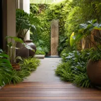 Jardim pequeno em quintal contemporâneo com deque de madeira, vasos de plantas tropicais e jardim vertical ao fundo.