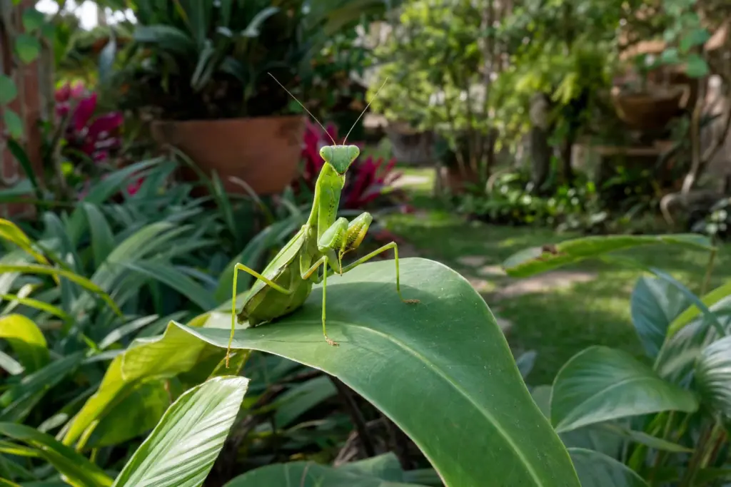 Louva-deus verde-brilhante pousado em uma folha tropical verde, com a cabeça triangular voltada para a frente.