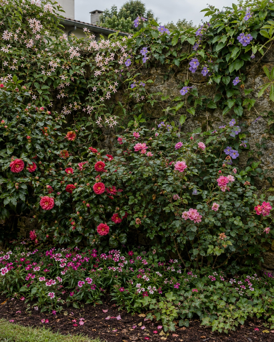 Jardim vintage: como criar um espaço romântico e acolhedor 5 Canteiro exuberante em camadas, com trepadeiras floridas no muro, arbustos de rosas no meio e forrações na base.