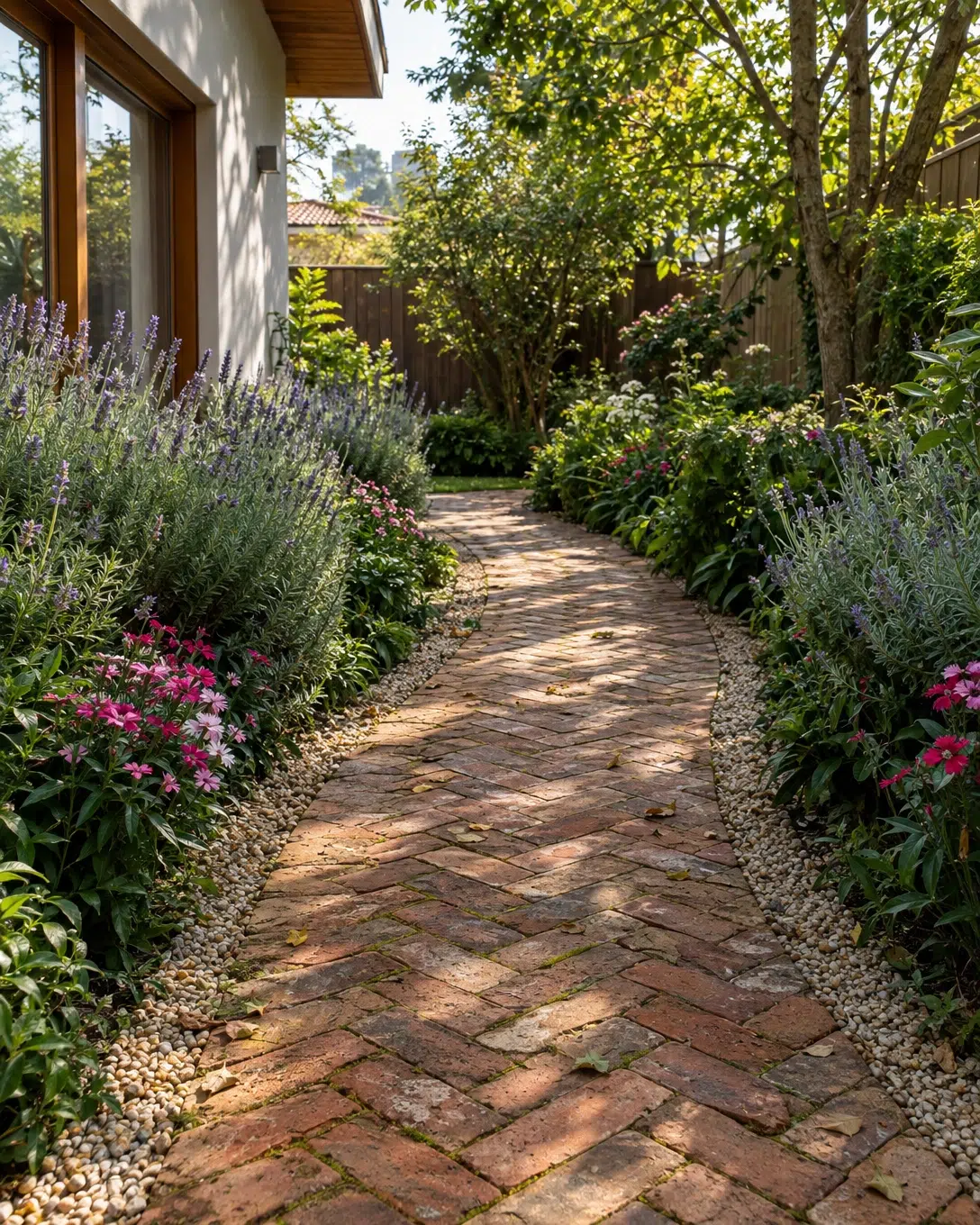 Jardim vintage: como criar um espaço romântico e acolhedor 1 Caminho curvo de tijolos de demolição com musgo entre as juntas, ladeado por flores lilases e folhagens viçosas.