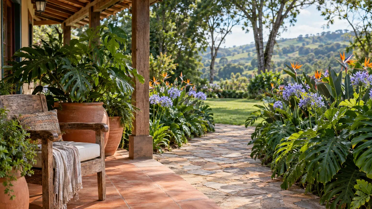 Varanda rústica com poltrona de madeira e vasos de barro, aberta para jardim florido com caminho de pedra e morros verdes.