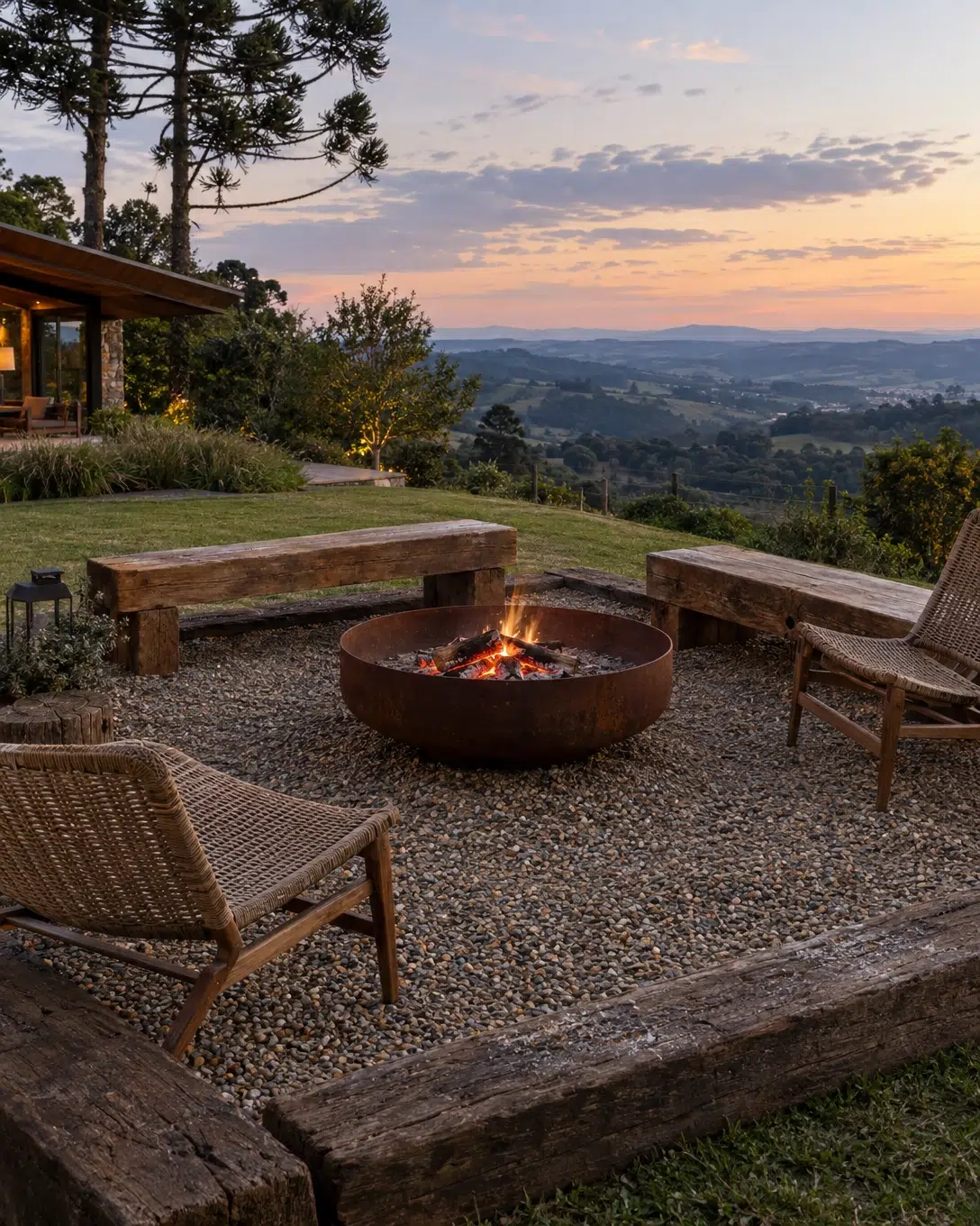 Decoração de chácaras e sítios: como deixar o espaço charmoso 4 Fogo de chão em bacia de aço corten rodeado por bancos de dormente e cascalho com vista para montanhas rurais.