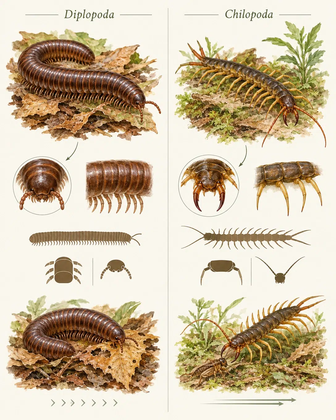 Milípede, piolho de cobra ou gôngolo: amigo do jardim 2 Infográfico comparando a anatomia do milípede diplópode com a da lacraia quilópode lado a lado.
