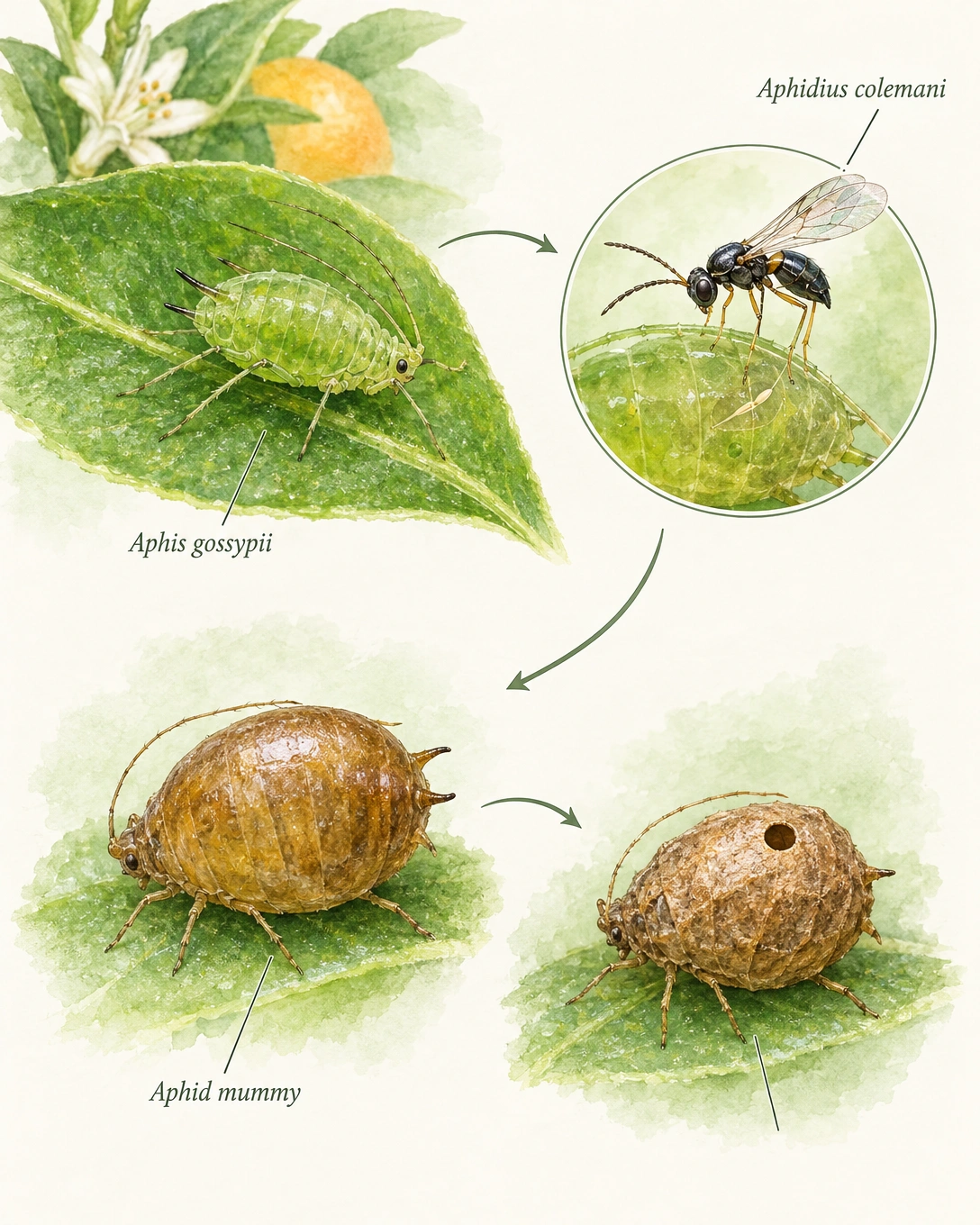 Amigos do jardim: insetos e outros animais benéficos 2 Infográfico em aquarela mostrando o ciclo da microvespa parasitoide, do pulgão à múmia de cor bronze.