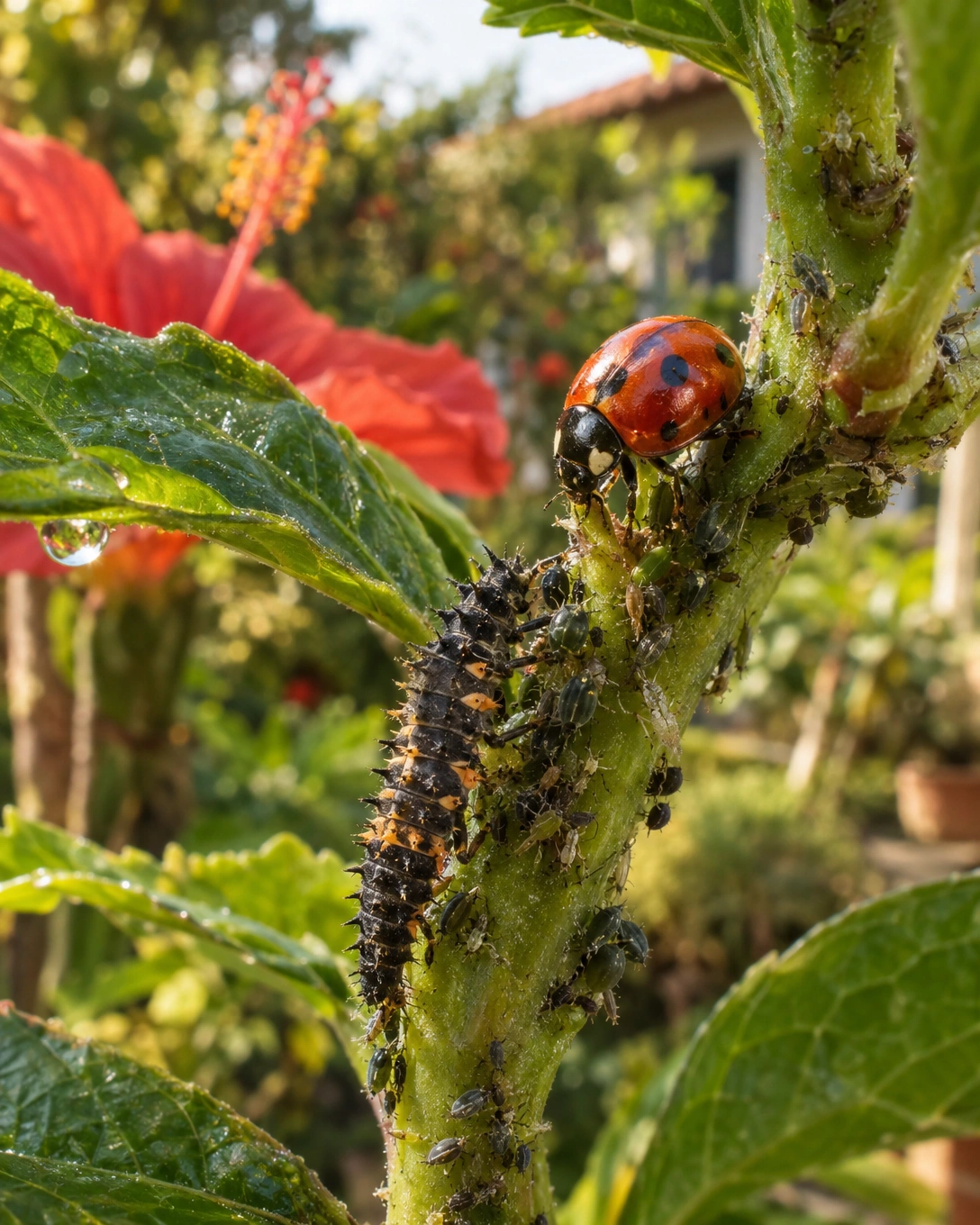 Amigos do jardim: insetos e outros animais benéficos 1 Joaninha adulta vermelha e sua larva alongada sobre haste de planta devorando pequenos pulgões.