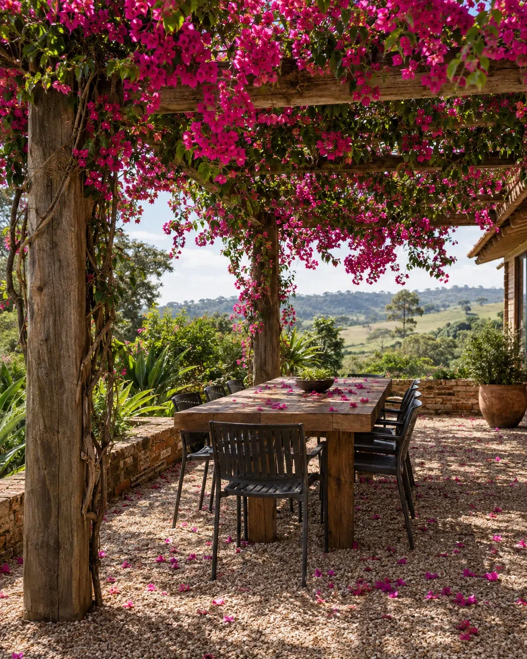 Decoração de chácaras e sítios: como deixar o espaço charmoso 3 Pérgola rústica de madeira coberta por buganvília rosa florindo intensamente sobre área gourmet externa.