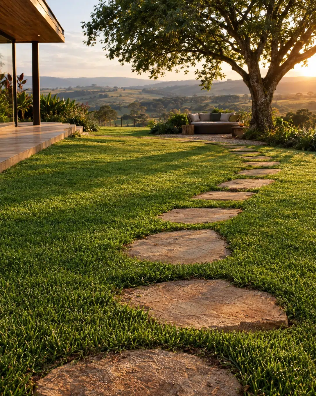 Decoração de chácaras e sítios: como deixar o espaço charmoso 2 Caminho de pisadas largas de pedra rústica assentadas sobre gramado verde em jardim de chácara espaçosa.