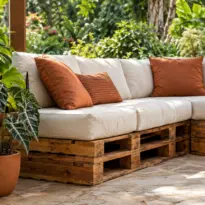 Sofá modular feito de paletes de madeira com almofadas em varanda ajardinada com folhagens tropicais ao redor.