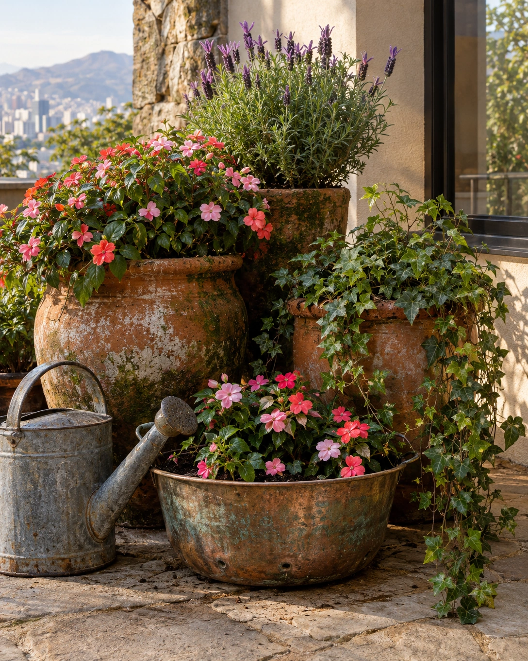 Jardim vintage: como criar um espaço romântico e acolhedor 4 Composição de vasos de barro com musgo e regador antigo de metal galvanizado com flores coloridas em pátio de pedra.